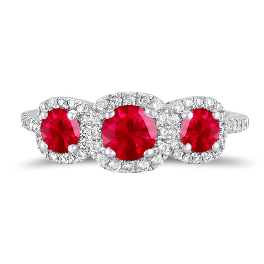 18K White Gold 1.16Ct total weight (3) Ruby, 0.32Ct total weight (58) Diamond Ring