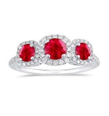 18K White Gold 1.16Ct total weight (3) Ruby, 0.32Ct total weight (58) Diamond Ring