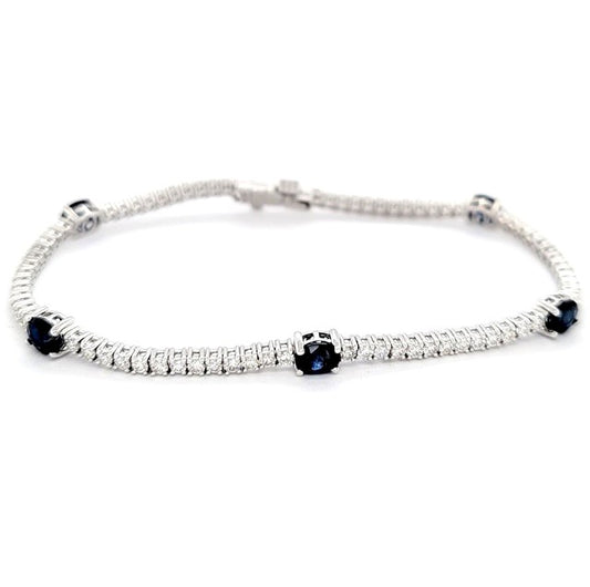 14k White Gold 2.22Cts Sapphire and 1.92Cts Diamond Bracelet with a Hidden box Clasp and a Safety Clasp
