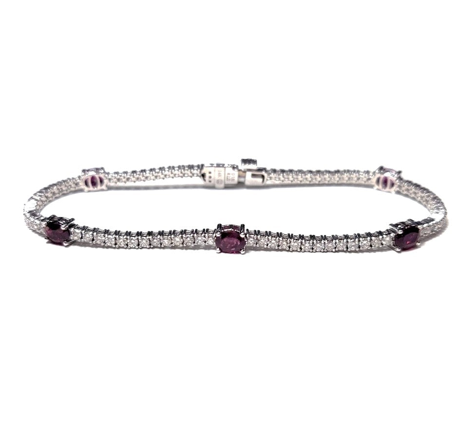 14k White Gold 2.22cts with 5 Oval Rubies, 1.92Cts Diamond with 80 Round Diamonds in a 7-Inch Bracelet