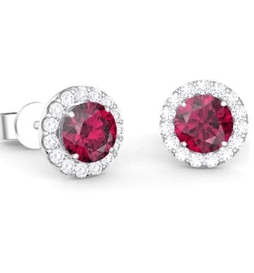 14k White Gold 1.63 Ct Ruby, 0.21 Ct Diamond Halo Earring