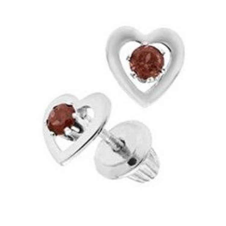 14K White Gold Garnet Heart Earring