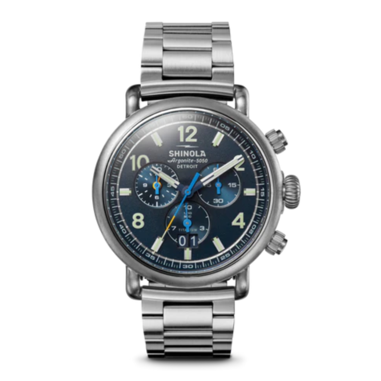 Shinola Runwell 42MM Titanium Bracelet Gift Set Midnight Blue Dial and Rubber Bracelet