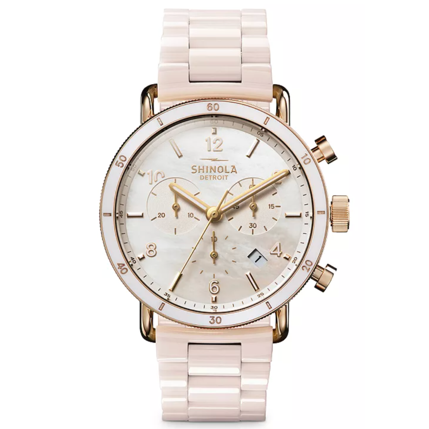 Shinola 40mm canfield sport, blush ceramic, MOP Dial