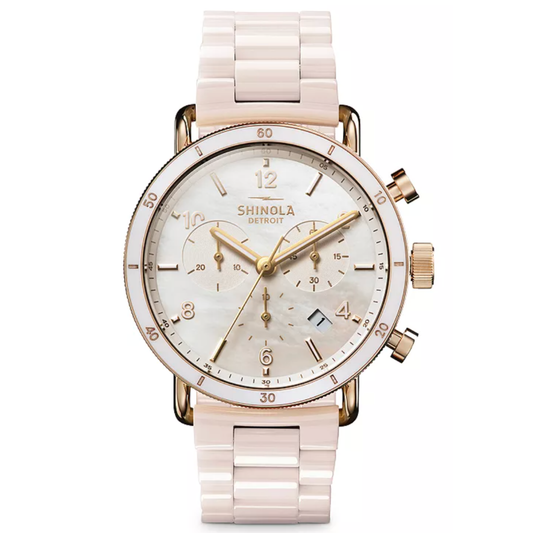 Shinola 40mm canfield sport, blush ceramic, MOP Dial