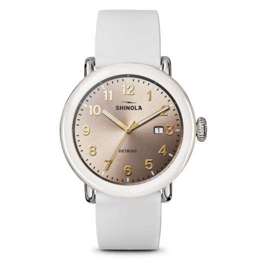 Shinola Stainless Steel Watch with Resin, 41mm Detrola, Cream Rubber Strap