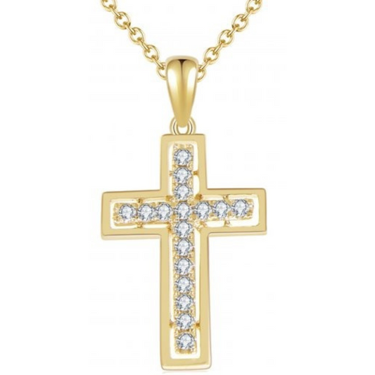 14k Yellow Gold 0.14Ct Diamond Cross Pendant with 17 Diamonds