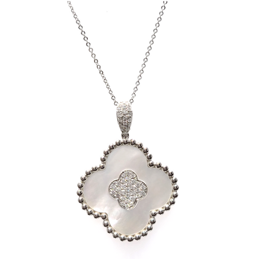 14k White Gold Mother of Pearl and 0.41Ct Diamond Clover Pendant
