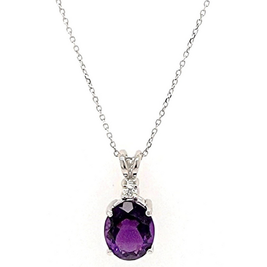 14k White Gold Amethyst 10*8mm, 0.05 Ct Diamond Pendant