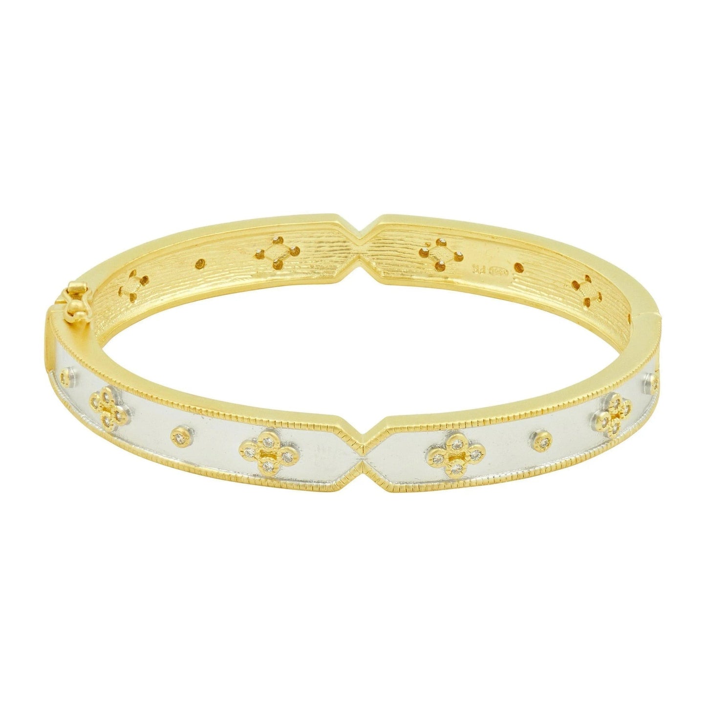 Freida Rothman Gold and Rhodium Plated Iconic Clover Bangle Bracelet
