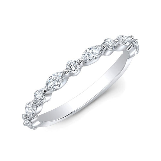 14k White Gold 0.31Ct in 5 round diamonds, 0.46Ct in 4 marquise diamond band, size 7.0