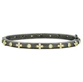 Sterling Silver 14k Gold and Black Rhodium Plated Clover Cubic Zirconia Bangle Bracelet
