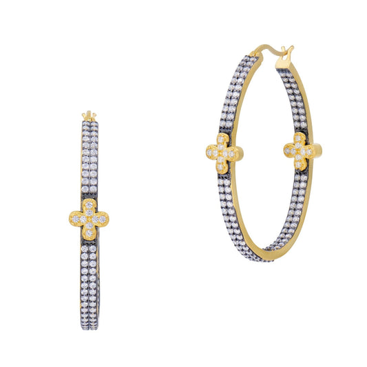 Sterling Silver 14k Gold Plated Pave Row Clover Hoop Earring