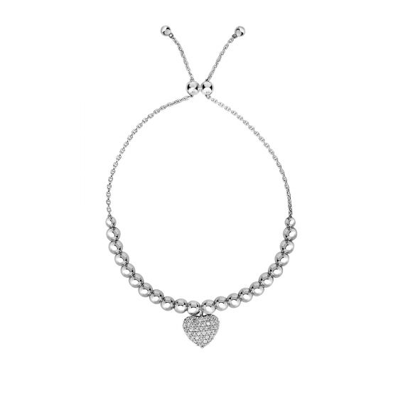 Sterling Silver Heart Bead Cubic Zirconia Charm Friendship Bracelet Adjustable 9.25 inch Length