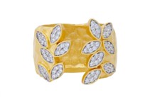 Sterling Silver Gold Plated  City Petals Hammered Wide Cuff Cubic Zirconia Ring Size 8.0
