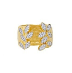 Sterling Silver Gold Plated  City Petals Hammered Wide Cuff Cubic Zirconia Ring Size 8.0