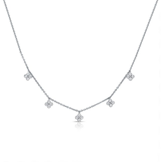 14k White Gold 0.40Ct Diamond Clover 5 Station Necklace