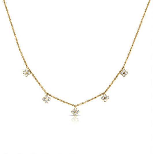 14k Yellow Gold 0.40Ct Diamond Clover 5 Station Necklace with 20 Diamonds