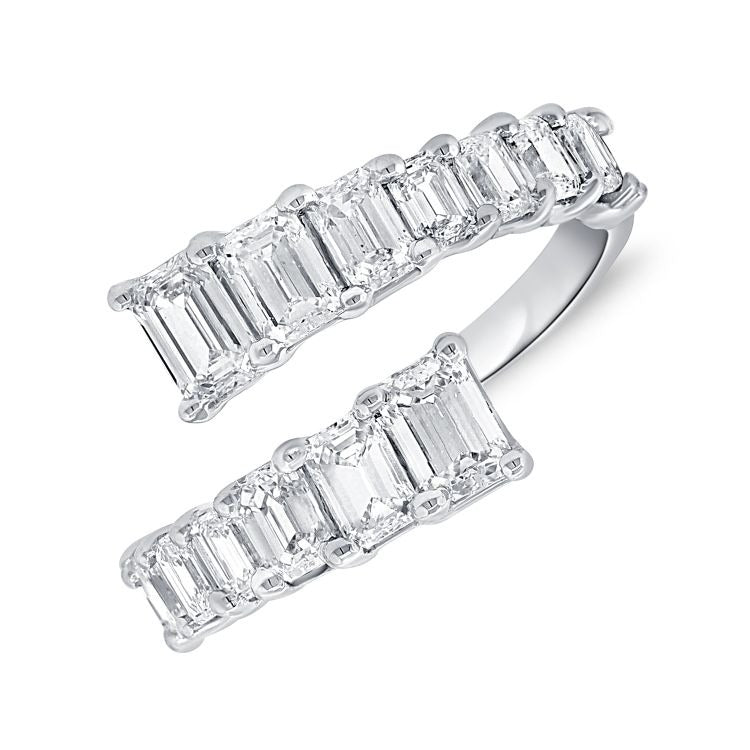 14k Gold 2.11Ct Emerald Cut Diamond By Pass Ring with 14 Diamonds, available in White, Rose and Yellow Gold