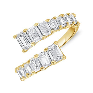 14k Gold 2.11Ct Emerald Cut Diamond By Pass Ring with 14 Diamonds, available in White, Rose and Yellow Gold