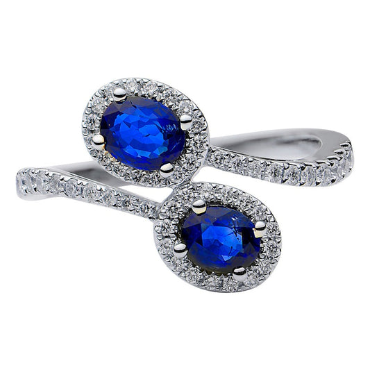 14k White Gold 0.92Ct Sapphire, 0.31Ct Diamond By-Pass Ring