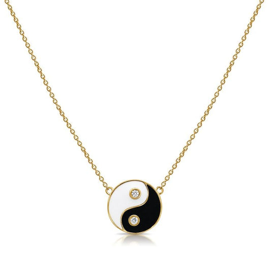 14k Yellow Gold .09CT Diamond White Enamel and Black Enamel Yin Yang Necklace