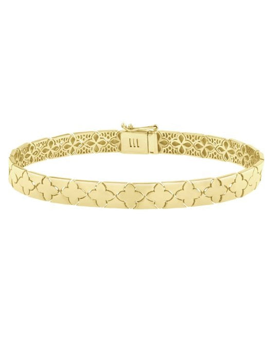 14K Yellow Gold Clover 7" Bracelet with Box with Figure 8 Clasp. Bracelet measures 6.5mm wide.