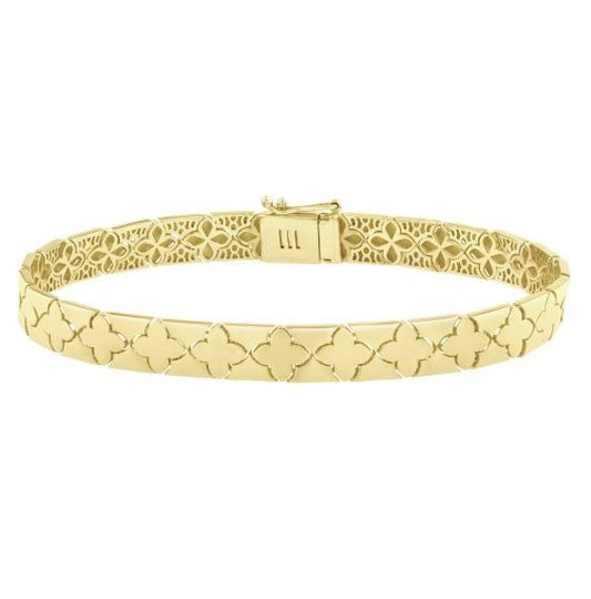 14K Yellow Gold Clover 7" Bracelet with Box with Figure 8 Clasp. Bracelet measures 6.5mm wide.