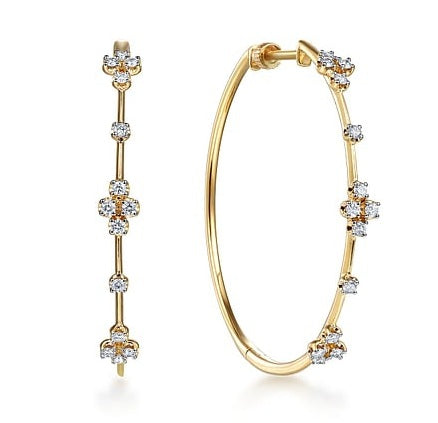 14K Yellow Gold Prong Set 40mm Round Classic 0.51 Ct Diamond Hoop Earrings
