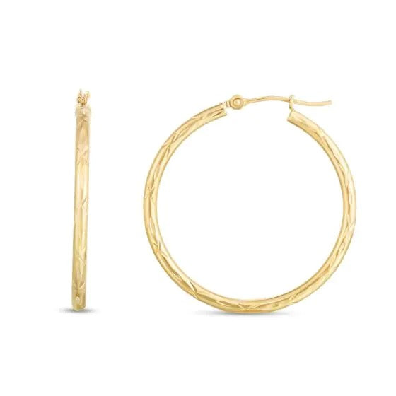 14K Yellow Gold Round 2mm *30mm Diamond Cut Hoops
