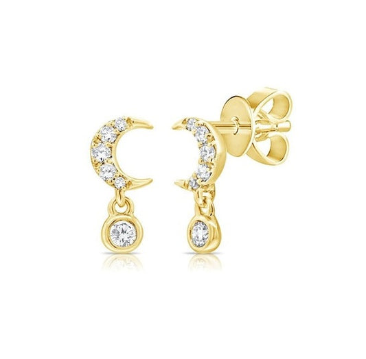 14k Yellow Gold 0.09Ct Diamond Moon and Dangle Earring
