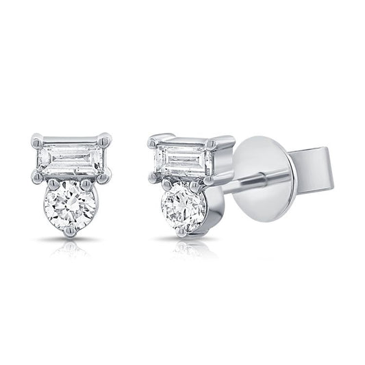 14k White Gold 0.14Ct Baguette and Round Diamond Earring