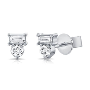 14k White Gold 0.14Ct Baguette and Round Diamond Earring