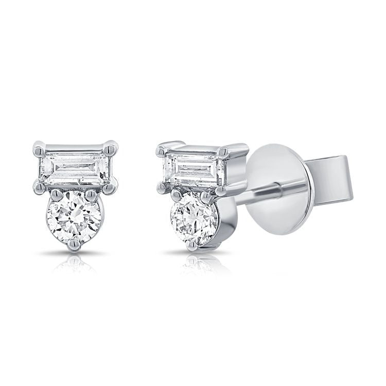 14k White Gold 0.14Ct Baguette and Round Diamond Earring