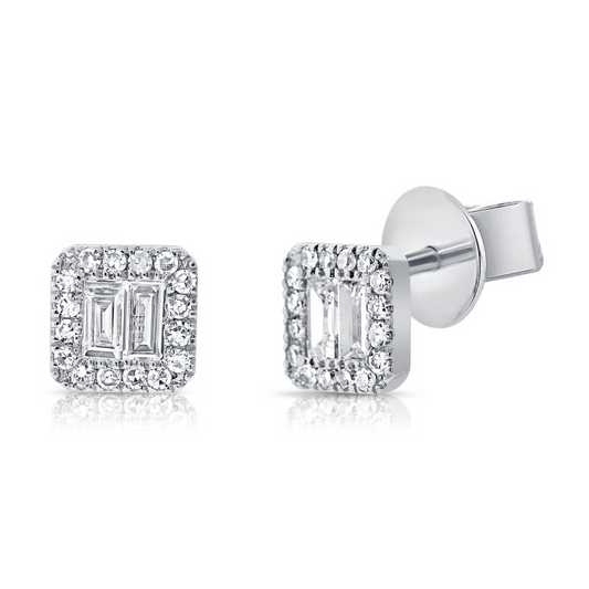 14k White Gold 0.20Ct Baguette, 0.09Ct Round Diamond Cluster Earring