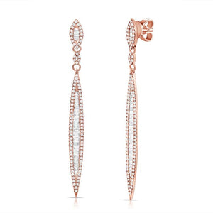 14k Gold 0.70Ct (61) Baguette diamond, 0.60Ct (180) Round Diamond Earring, available in White, Rose and Yellow Gold