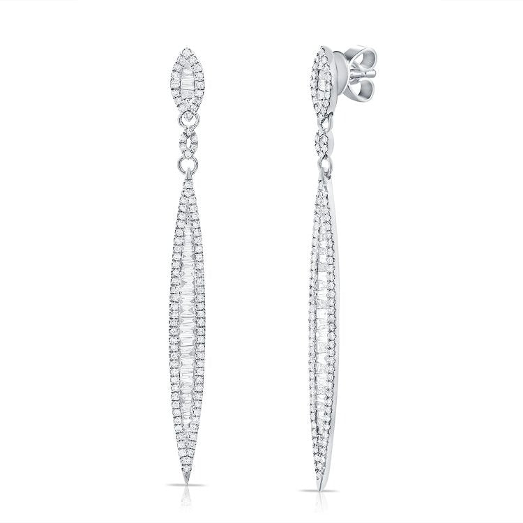 14k Gold 0.70Ct (61) Baguette diamond, 0.60Ct (180) Round Diamond Earring, available in White, Rose and Yellow Gold