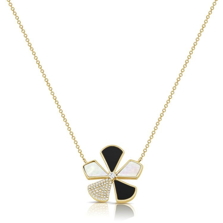 14k Yellow Gold 0.24Ct Diamond, Black Agate, Mother of Pearl Necklace