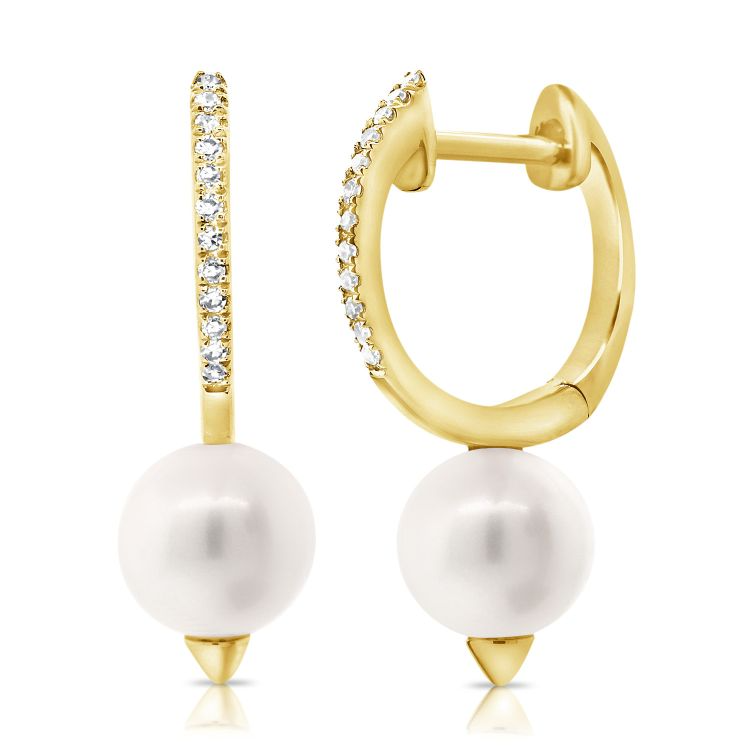 14k Yellow Gold 6mm Pearl, 0.06CT Diamond Huggie Earring