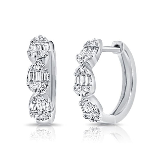 14k White Gold 0.23Ct Baguette, 0.09Ct Round Diamond Huggie Earring