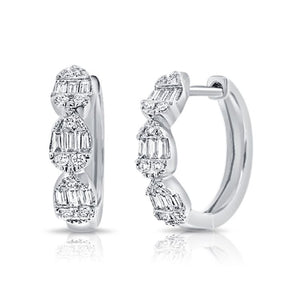 14k White Gold 0.23Ct Baguette, 0.09Ct Round Diamond Huggie Earring