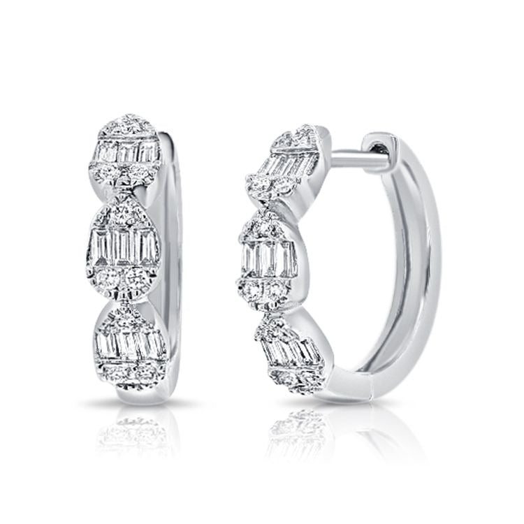 14k White Gold 0.23Ct Baguette, 0.09Ct Round Diamond Huggie Earring