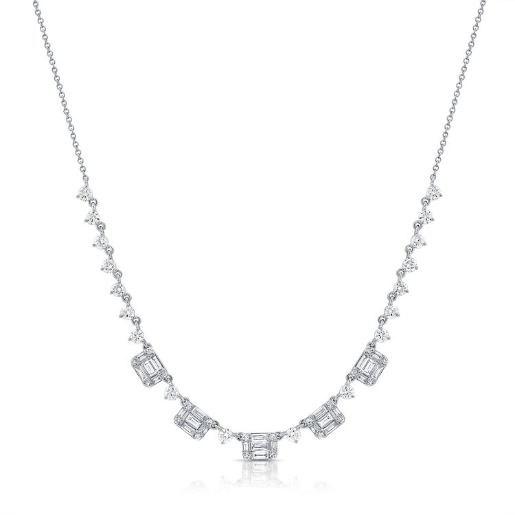 14k White Gold 0.81ct Baguette, 1.23Ct Round Diamond Necklace