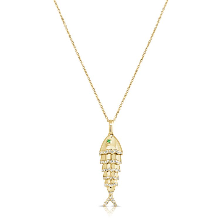 14k Yellow Gold 0.01Ct Emerald Eye, 0.20Ct Diamond Fish Pendant