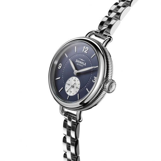 Shinola Birdy 34MM, Midnight Blue Dial, Coin Edge, Stainless Steel Bracelet
