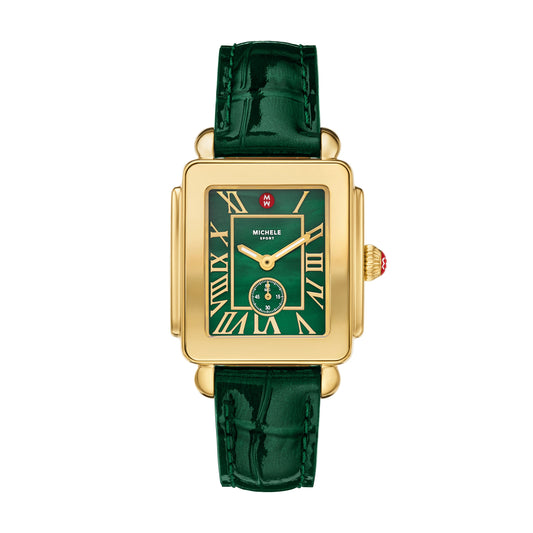 Michele Deco Sport Mid Gold-Plated Lush Green Leather Watch