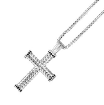 Sterling Silver Men's 20" Woven Cross Necklace with Black Spinel