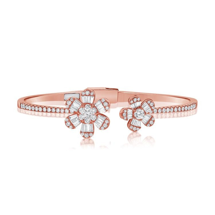 14k Gold 0.82Ct Baguette diamonds, 1.23Ct Round  Diamonds 2 flower Bangle, available in White, Rose and Yellow Gold