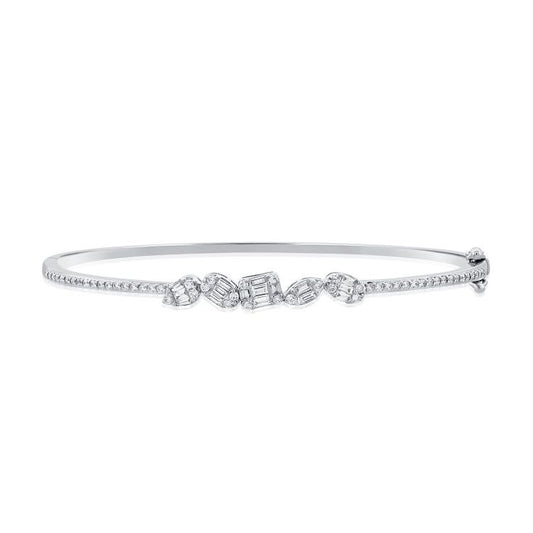 14k White Gold 0.38Ct (16) Baguette, 0.41Ct (53) Round Diamond Bangle Bracelet