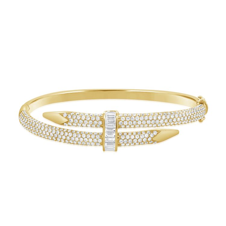14k Yellow Gold 3.52Ct Round Diamond and 0.64Ct Baguette Diamond Bangle